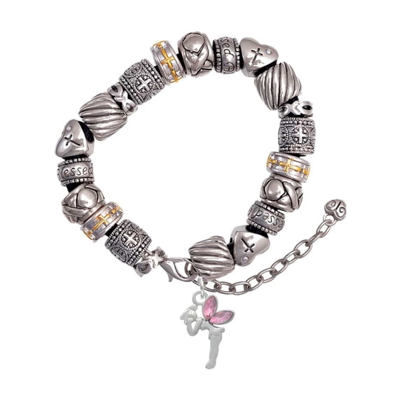 Silvertone Small Fairy with Pink Wings Silver Tone Christian Bead Bracelet