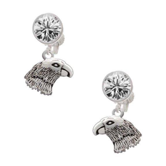 Silvertone Small Falcon - Mascot Clear Crystal Clip On Earrings