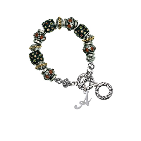 Silvertone Small Gelato Script Initial - A - Fall Crystal Bead Charm Bracelet