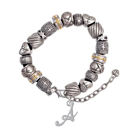 Silvertone Small Gelato Script Initial - A - Silver Tone Christian Bead Bracelet