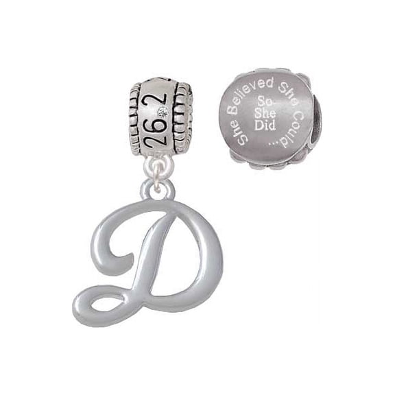 Silvertone Small Gelato Script Initial - D - 26.2 Marathon Run She Believed She Could Charm Beads (Set of 2)