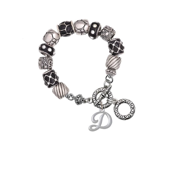 Silvertone Small Gelato Script Initial - D - Black Pebble Bead Charm Bracelet