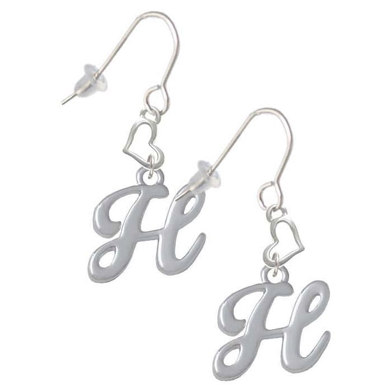 Silvertone Small Gelato Script Initial - H - Heart French Earrings