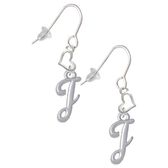 Silvertone Small Gelato Script Initial - J - Heart French Earrings