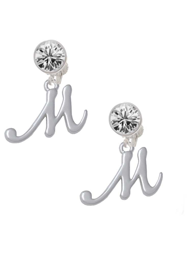 Silvertone Small Gelato Script Initial - M - Clear Crystal Clip On Earrings