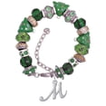 thumbnail image 1 of Silvertone Small Gelato Script Initial - M - Green Christmas Bead Bracelet, 1 of 4