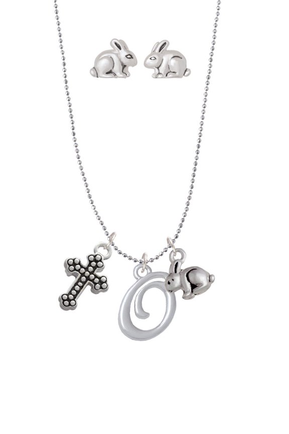 Silvertone Small Gelato Script Initial - O - Silver Tone Cross and Bunny Necklace and Earrings Set