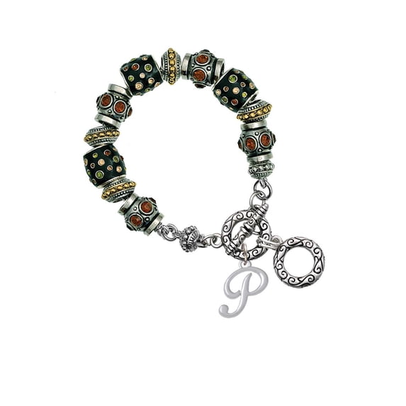 Silvertone Small Gelato Script Initial - P - Fall Crystal Bead Charm Bracelet