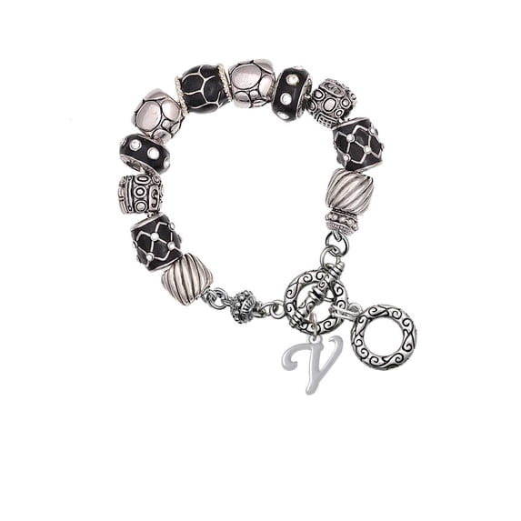 Silvertone Small Gelato Script Initial - V - Black Pebble Bead Charm Bracelet