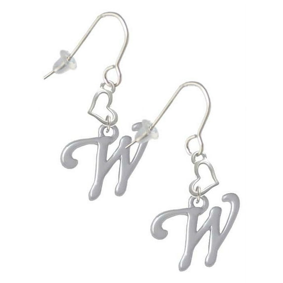 Silvertone Small Gelato Script Initial - W - Heart French Earrings