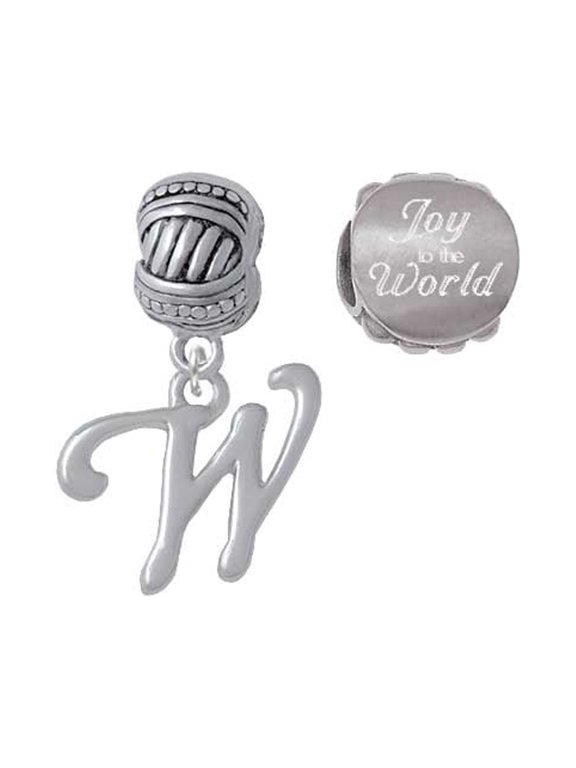 Silvertone Small Gelato Script Initial - W - Joy to the World Charm Beads (Set of 2)