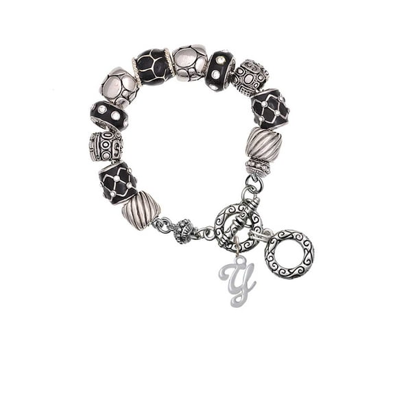 Silvertone Small Gelato Script Initial - Y - Black Pebble Bead Charm Bracelet