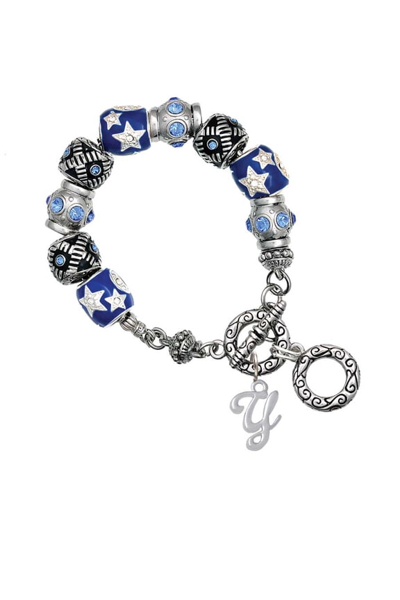 Silvertone Small Gelato Script Initial - Y - Blue Moon Bead Charm Bracelet