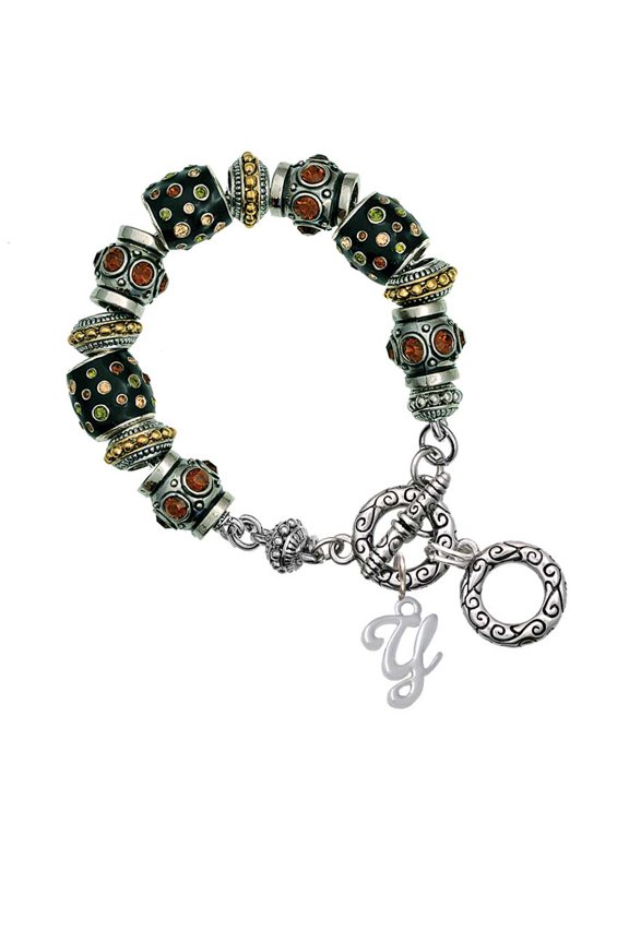 Silvertone Small Gelato Script Initial - Y - Fall Crystal Bead Charm Bracelet