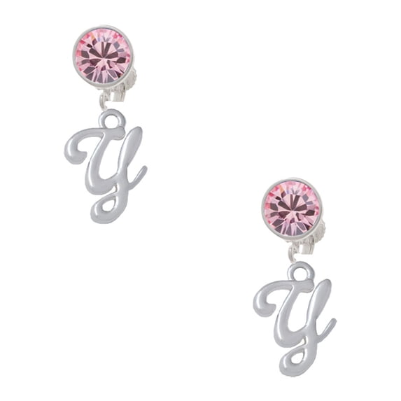 Delight Jewelry Silvertone Small Gelato Script Initial - Y - Pink Crystal Clip on Earrings