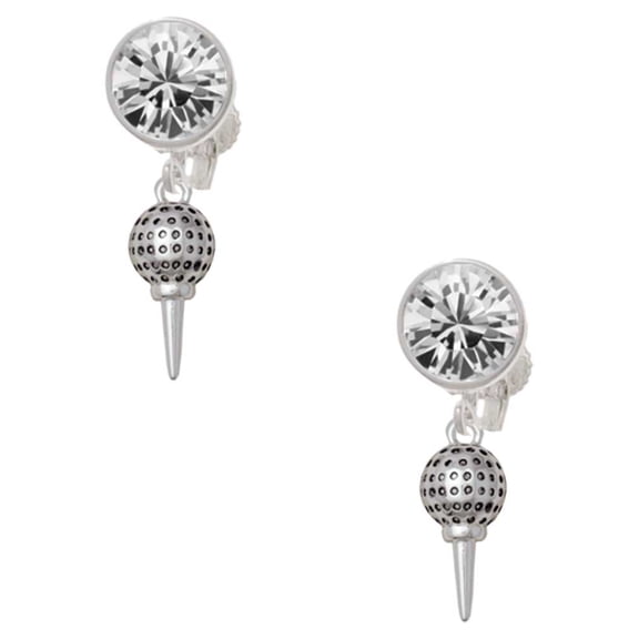 Silvertone Small Golf Ball on Tee Clear Crystal Clip On Earrings