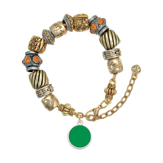 Silvertone Small Green Enamel Disc Two Tone Christian Bead Bracelet
