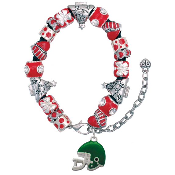 Silvertone Small Green Football Helmet Red Christmas Bead Bracelet