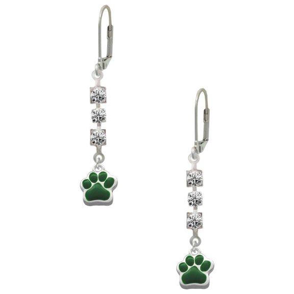 Silvertone Small Green Paw Crystal Madison Leverback Earrings