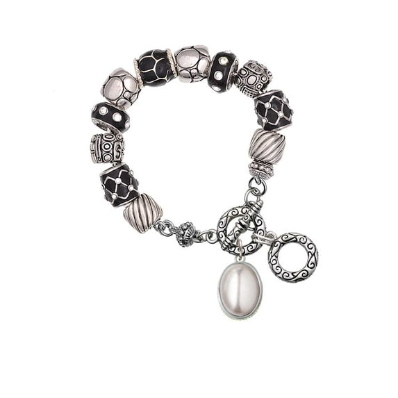 Silvertone Small Grey Imitation Pearl Black Pebble Bead Charm Bracelet
