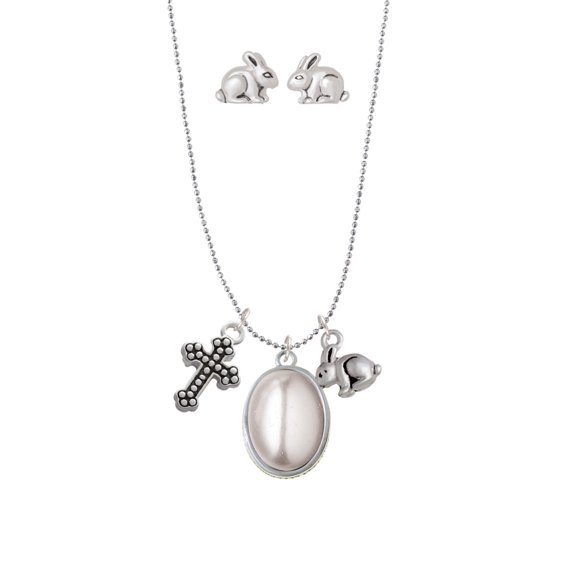 Silvertone Small Grey Imitation Pearl Silver Tone Cross and Bunny Necklace and Earrings Set