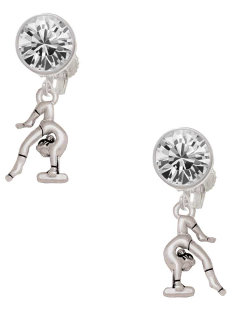 Silvertone Small Gymnast Balance Beam Clear Crystal Clip On Earrings