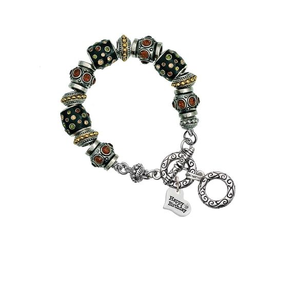 Silvertone Small Happy Birthday Heart Fall Crystal Bead Charm Bracelet
