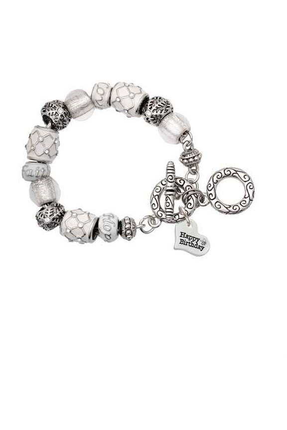 Silvertone Small Happy Birthday Heart White Snowflake Bead Charm Bracelet