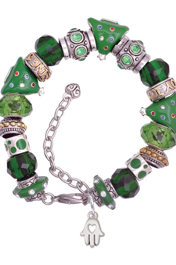 Silvertone Small Heart Hamsa Hand Green Christmas Bead Bracelet