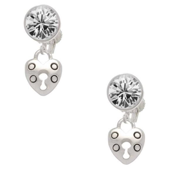 Silvertone Small Heart Lock with Keyhole Clear Crystal Clip On Earrings