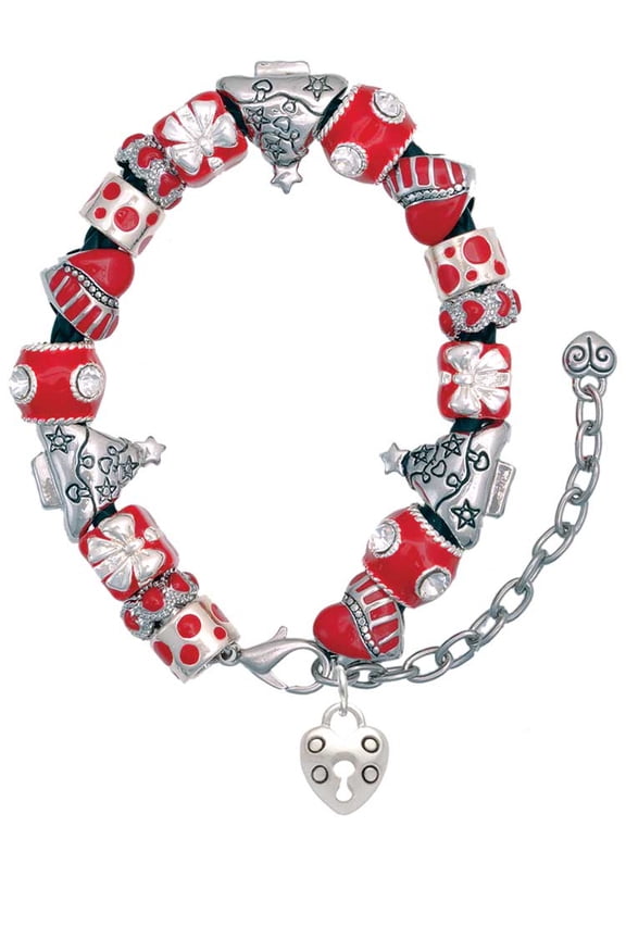 Silvertone Small Heart Lock with Keyhole Red Christmas Bead Bracelet