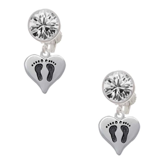 Silvertone Small Heart with Baby Feet Clear Crystal Clip On Earrings