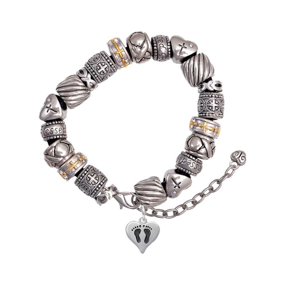 Silvertone Small Heart with Baby Feet Silver Tone Christian Bead Bracelet