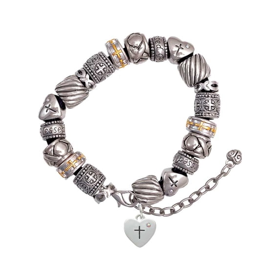 Silvertone Small Heart with Cross & Fish with Crystal Silver Tone Christian Bead Bracelet