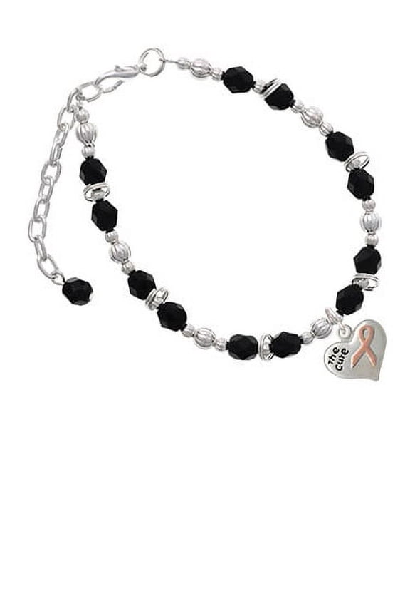 Silvertone Small Heart with Pink Ribbon ''The Cure'' Black Beaded Bracelet