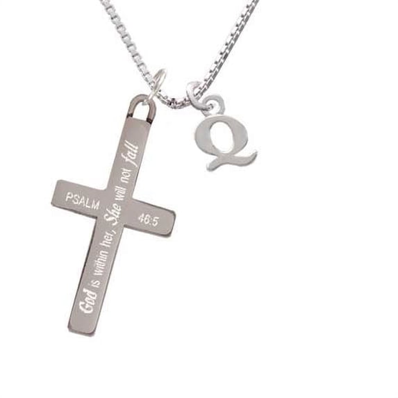 Silvertone Small Initial - Q - She will not Fall - Cross Necklace