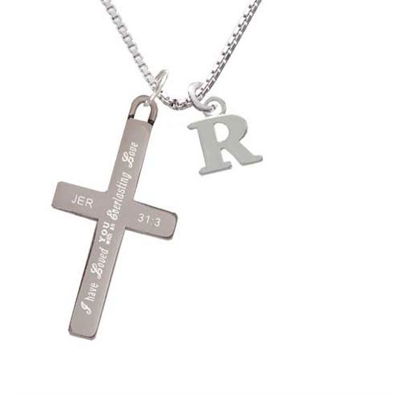 Silvertone Small Initial - R - Everlasting Love - Cross Necklace