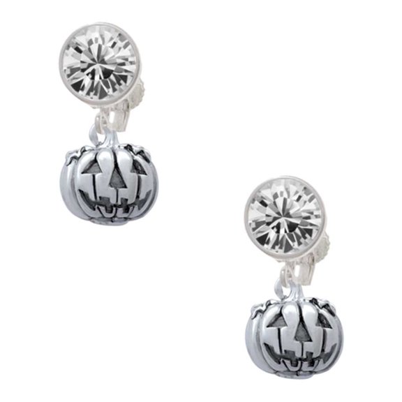 Silvertone Small Jack O'Lantern with Stem Clear Crystal Clip On Earrings