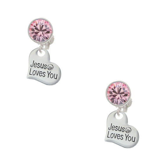 Delight Jewelry Silvertone Small Jesus Loves You Heart Pink Crystal Clip on Earrings