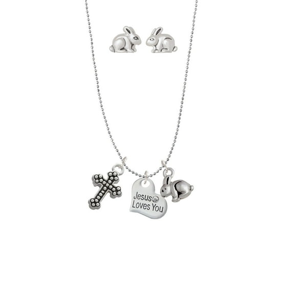 Silvertone Small Jesus Loves You Heart Silver Tone Cross and Bunny Necklace and Earrings Set