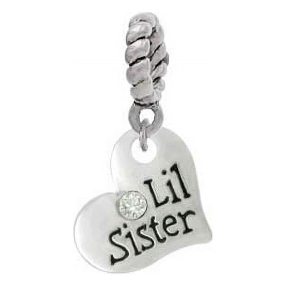 Silvertone Small ''Lil Sister'' Heart with Clear Crystal - Rope Charm Bead