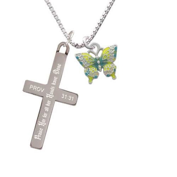 Silvertone Small Lime Green & Blue Butterfly - Praise Her - Cross Necklace