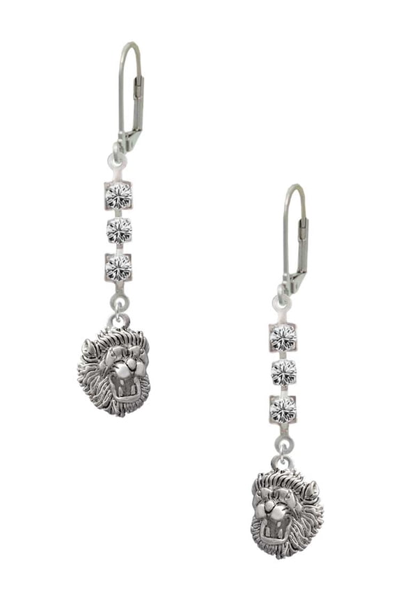 Silvertone Small Lion - Mascot Crystal Madison Leverback Earrings
