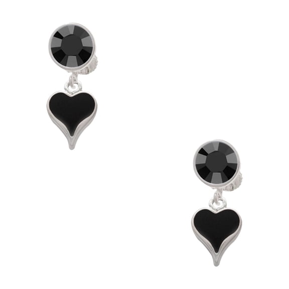Delight Jewelry Silvertone Small Long Black Heart Black Crystal Clip on Earrings