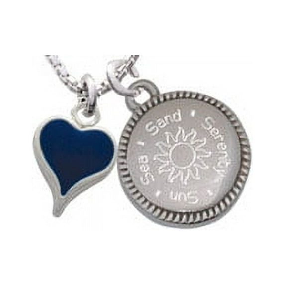 Silvertone Small Long Blue Heart Sun Sea Sand Serenity Engraved Necklace