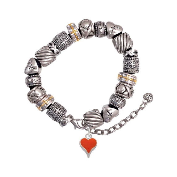 Silvertone Small Long Orange Heart Silver Tone Christian Bead Bracelet
