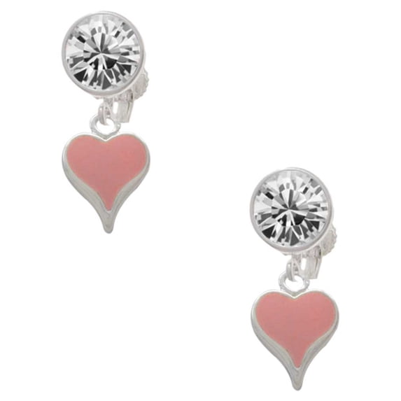 Silvertone Small Long Pink Heart Clear Crystal Clip On Earrings