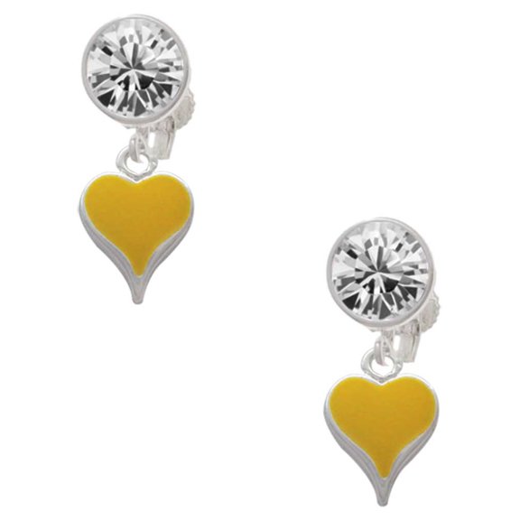Silvertone Small Long Yellow Heart Clear Crystal Clip On Earrings