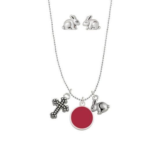 Silvertone Small Maroon Enamel Disc Silver Tone Cross and Bunny Necklace and Earrings Set