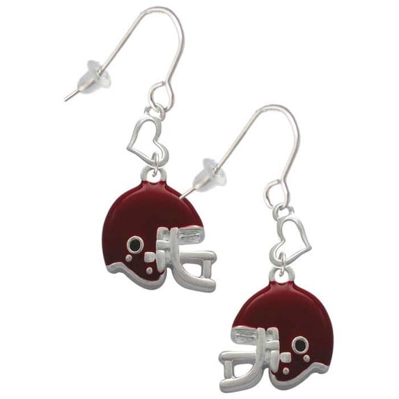 Silvertone Small Maroon Football Helmet Heart French Earrings